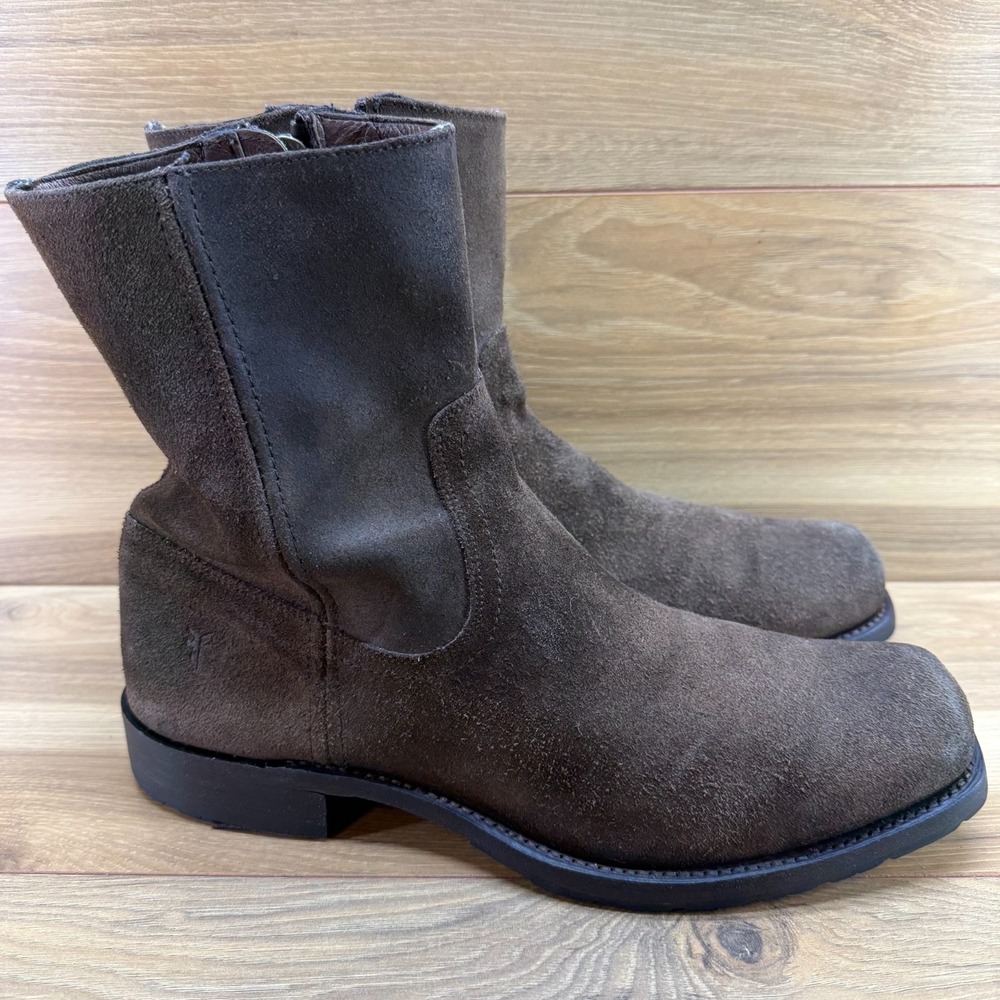 FRYE Heath Inside Zip Boot Mens 12 D Dark Brown Suede Square Toe Biker Riding
